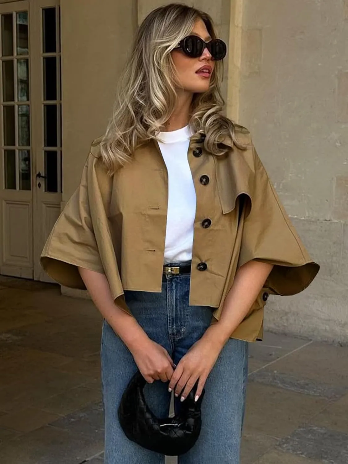 Cicy Bell Womens Oversized Cropped Trench Coats Single Breasted 3/4 Cape Sleeve Trendy Casual Jackets Button up Outerwear