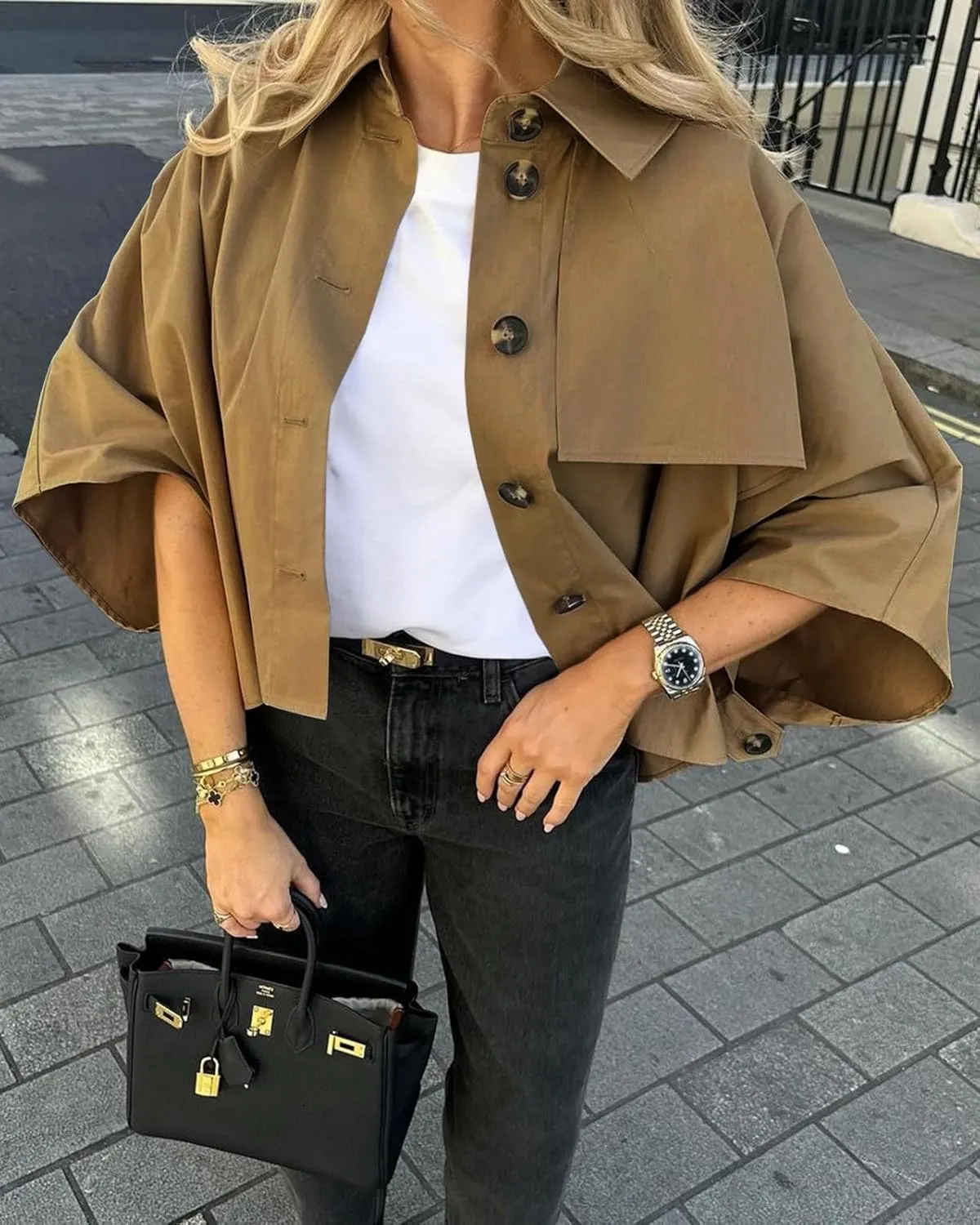 Cicy Bell Womens Oversized Cropped Trench Coats Single Breasted 3/4 Cape Sleeve Trendy Casual Jackets Button up Outerwear