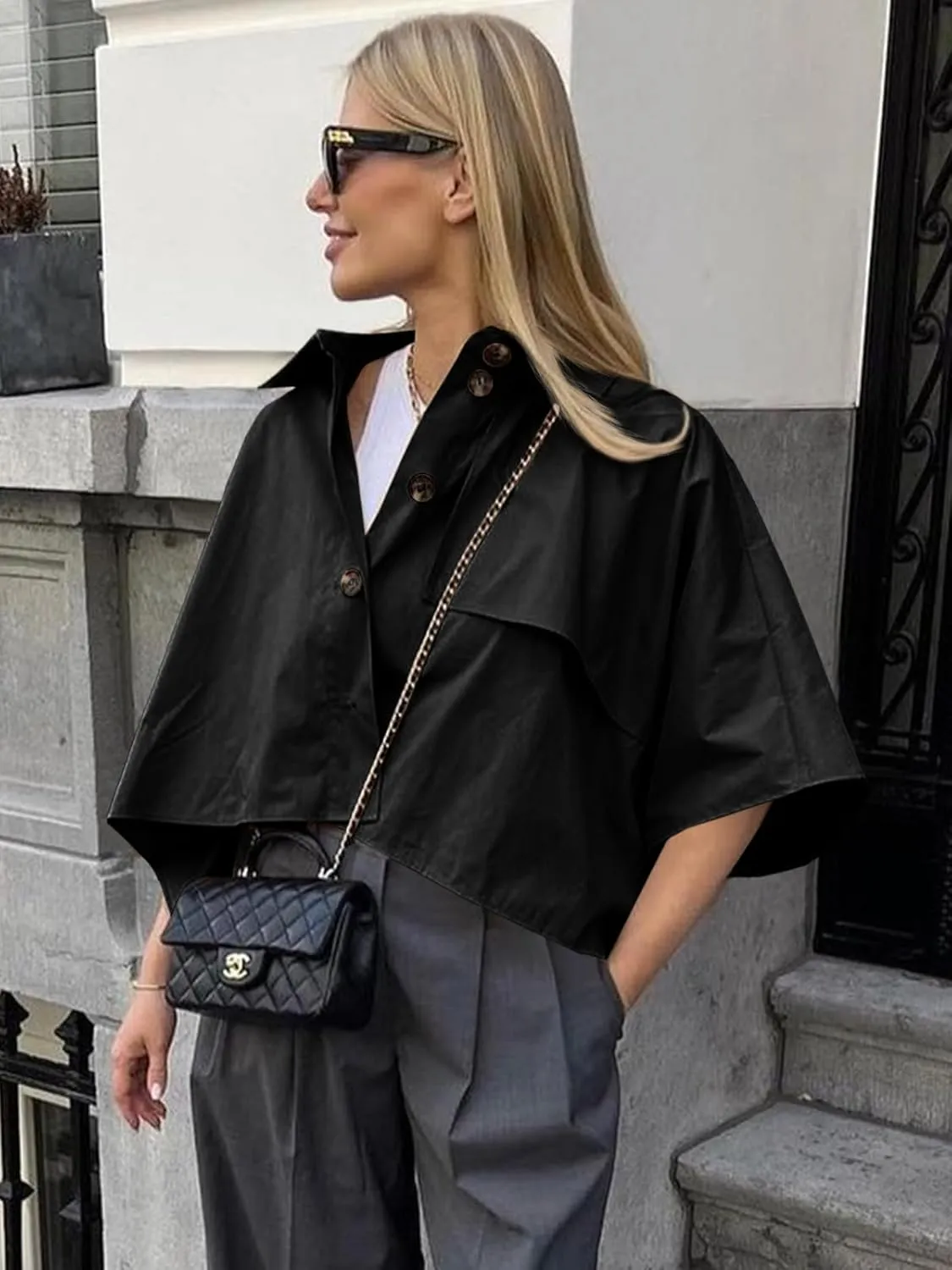 Cicy Bell Womens Oversized Cropped Trench Coats Single Breasted 3/4 Cape Sleeve Trendy Casual Jackets Button up Outerwear