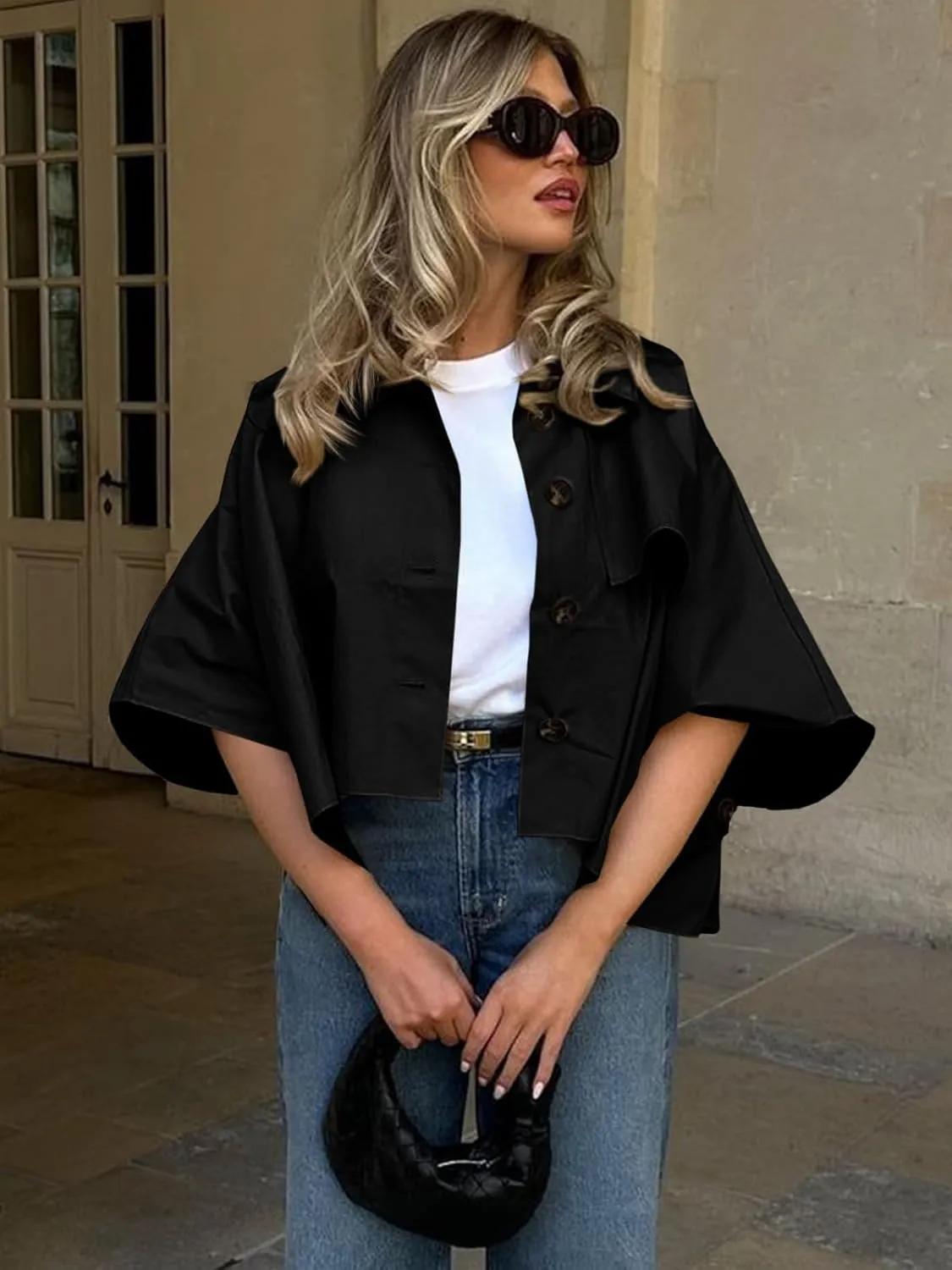 Cicy Bell Womens Oversized Cropped Trench Coats Single Breasted 3/4 Cape Sleeve Trendy Casual Jackets Button up Outerwear