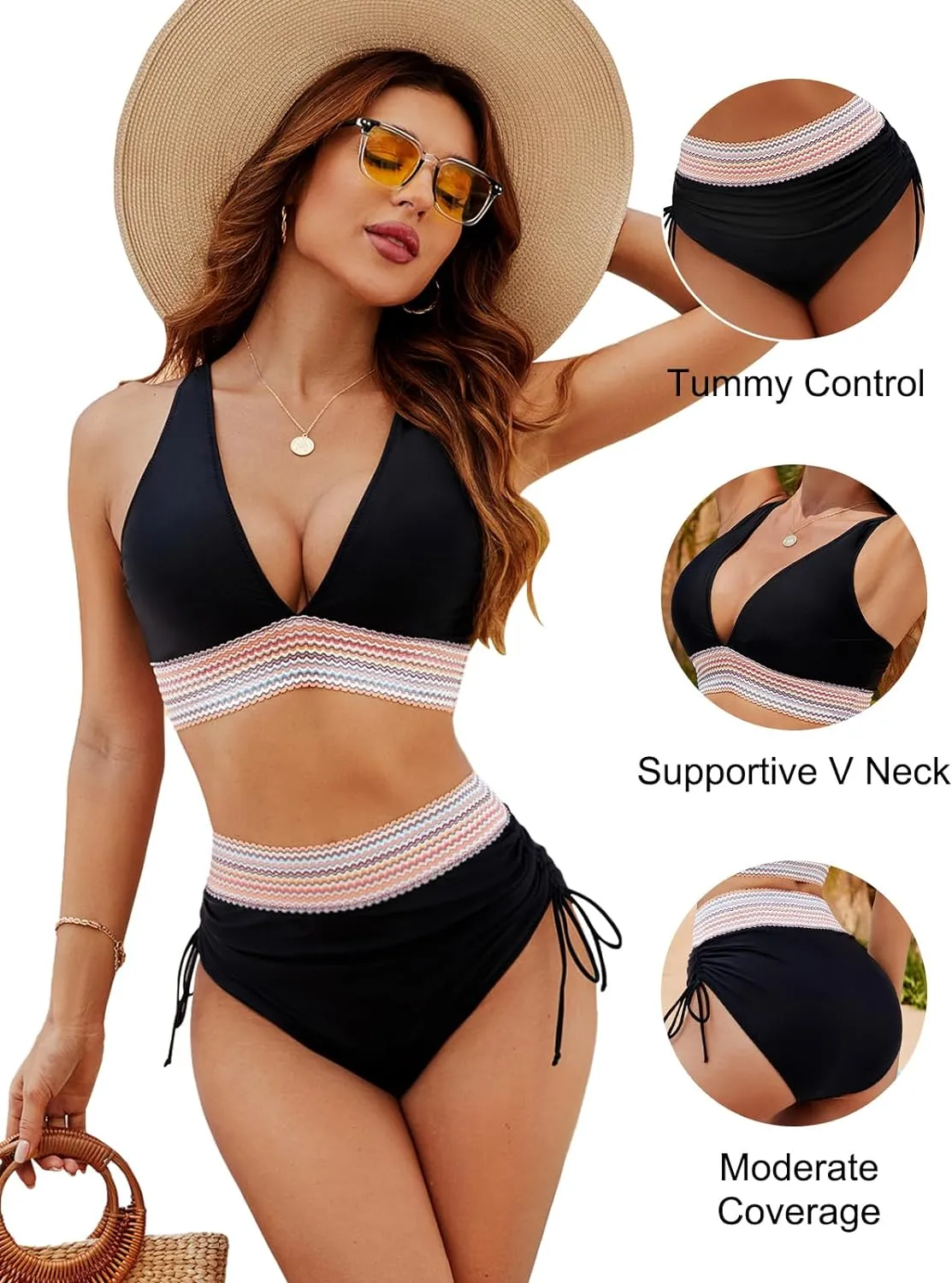 Colorblock Bikinis Set Tummy Control High Waisted Swimsuits