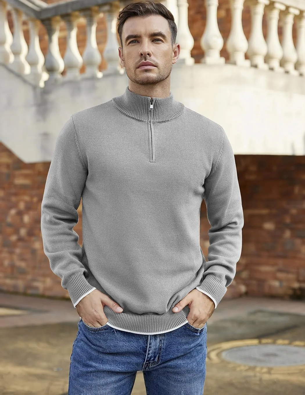 COOFANDY Men's Quarter Zip Up Pullover Slim Fit Lightweight Mock Neck Long Sleeve Sweaters