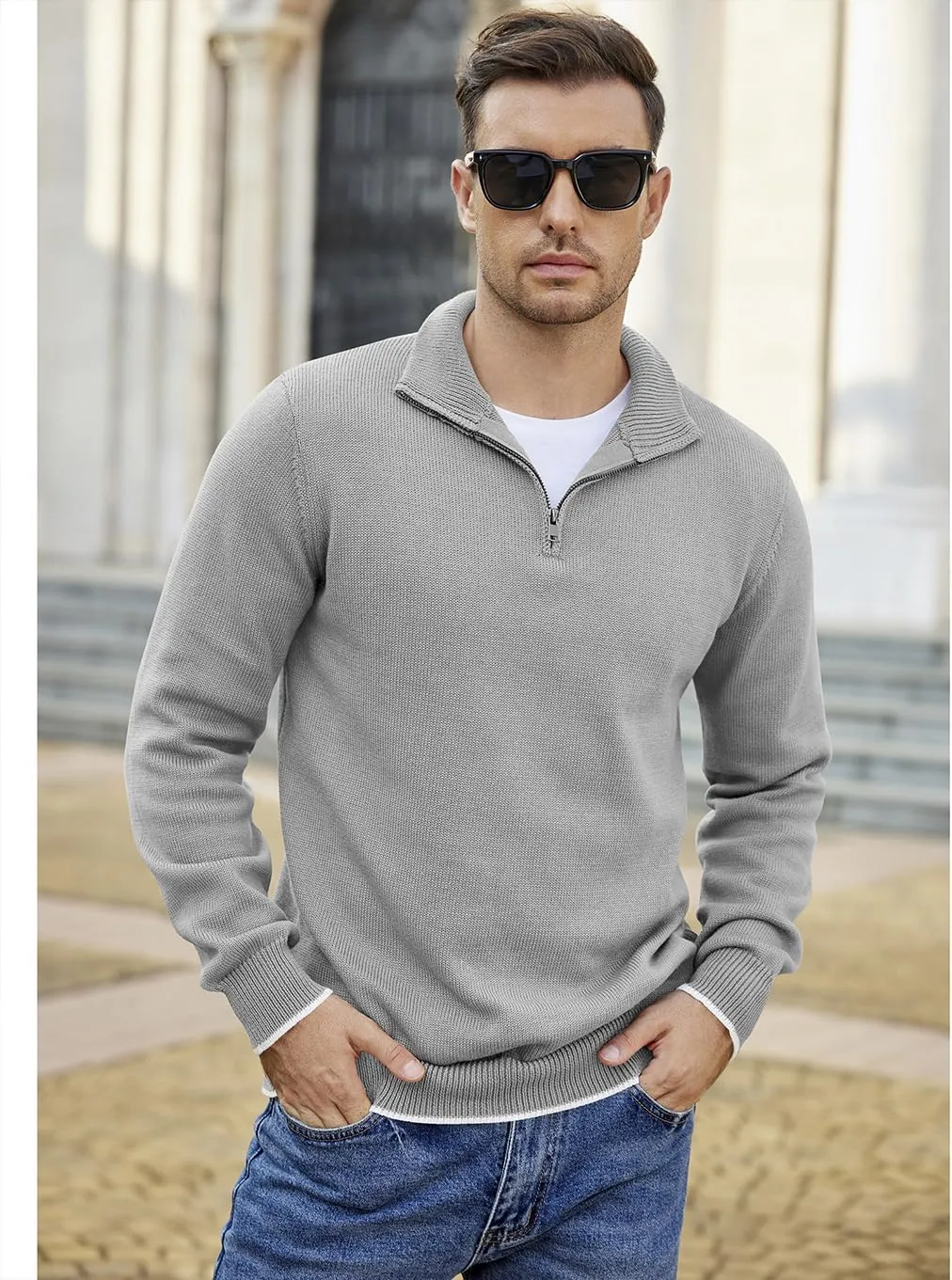 COOFANDY Men's Quarter Zip Up Pullover Slim Fit Lightweight Mock Neck Long Sleeve Sweaters