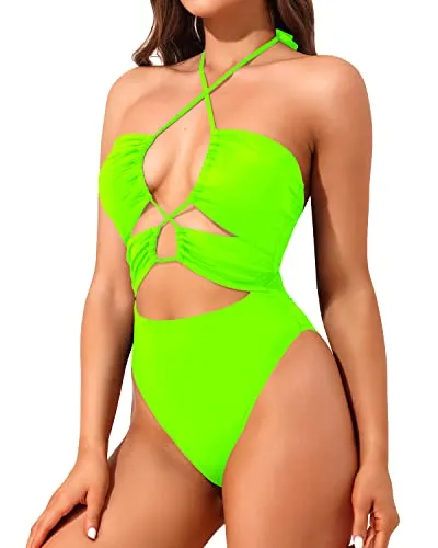 Criss Cross Monokini Halter Swimwear Sexy Cut Out Bathing Suits For Women-Neon Green
