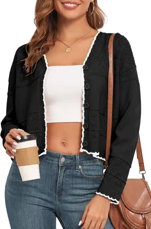 Cropped Cardigan for Women Button Down Long Sleeve Knit Cardigans Sweaters Open Front Lightweight Outwear