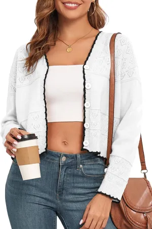 Cropped Cardigan for Women Button Down Long Sleeve Knit Cardigans Sweaters Open Front Lightweight Outwear