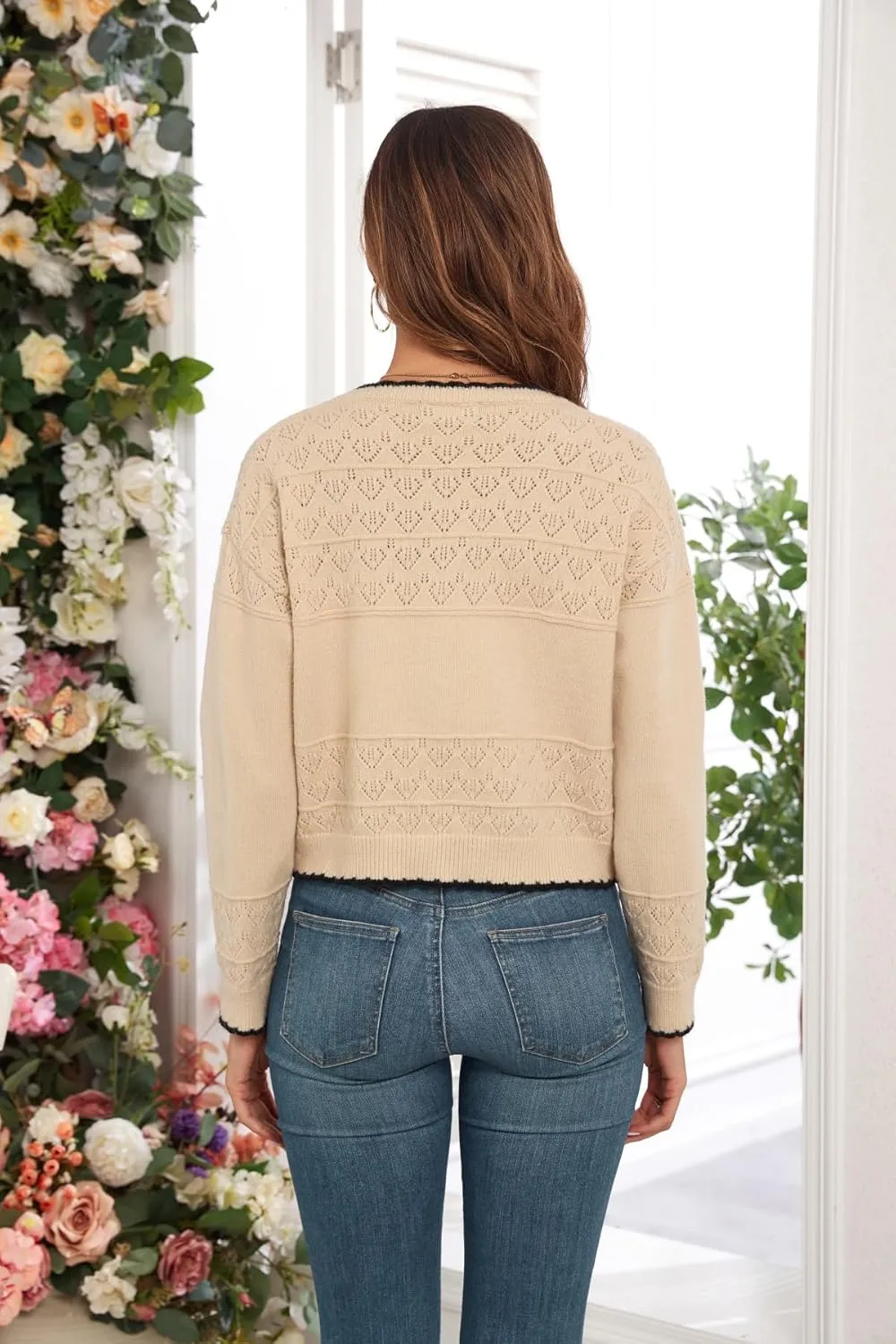 Cropped Cardigan for Women Button Down Long Sleeve Knit Cardigans Sweaters Open Front Lightweight Outwear