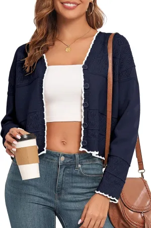 Cropped Cardigan for Women Button Down Long Sleeve Knit Cardigans Sweaters Open Front Lightweight Outwear