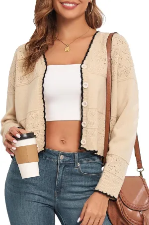 Cropped Cardigan for Women Button Down Long Sleeve Knit Cardigans Sweaters Open Front Lightweight Outwear