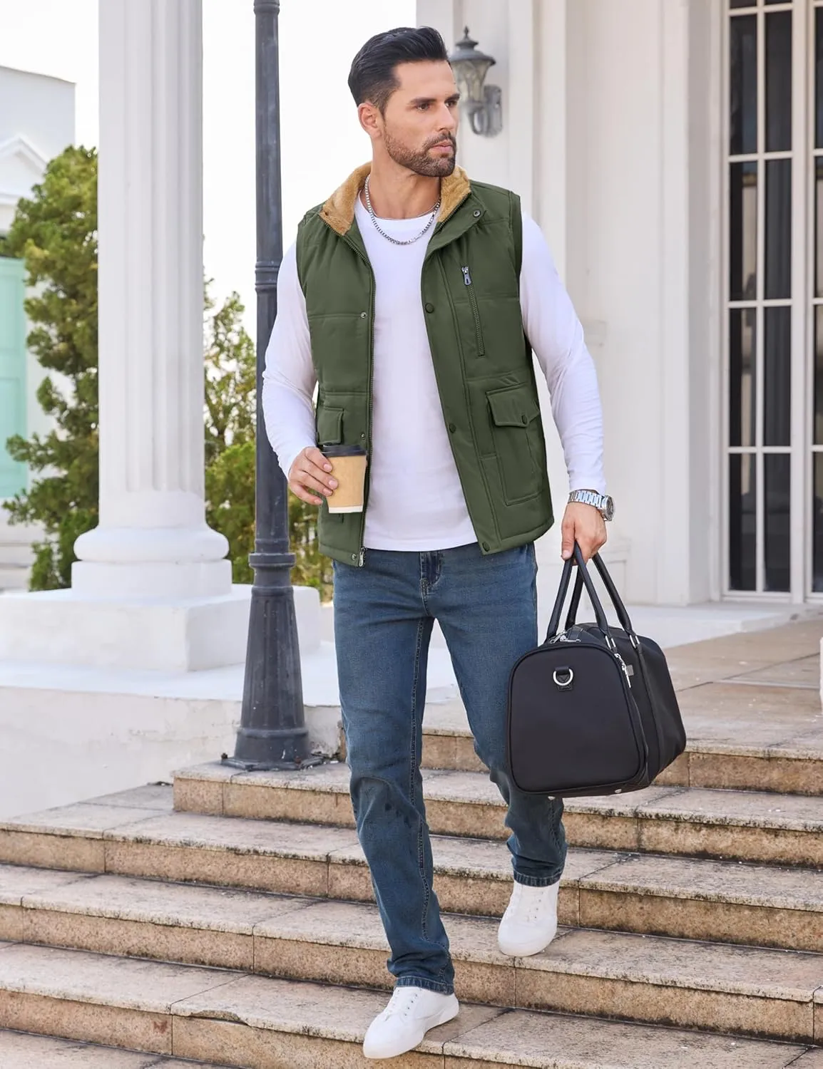 CRYSULLY Men's Winter Outerwear Vests Fleece Lined Sleeveless Jackets Warm Quilted Puffer Vest Casual Sherpa Outdoor Vest