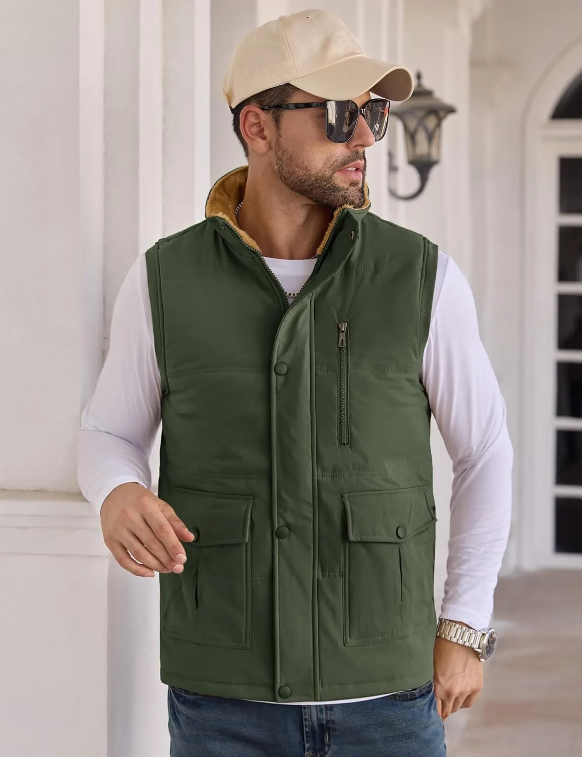 CRYSULLY Men's Winter Outerwear Vests Fleece Lined Sleeveless Jackets Warm Quilted Puffer Vest Casual Sherpa Outdoor Vest
