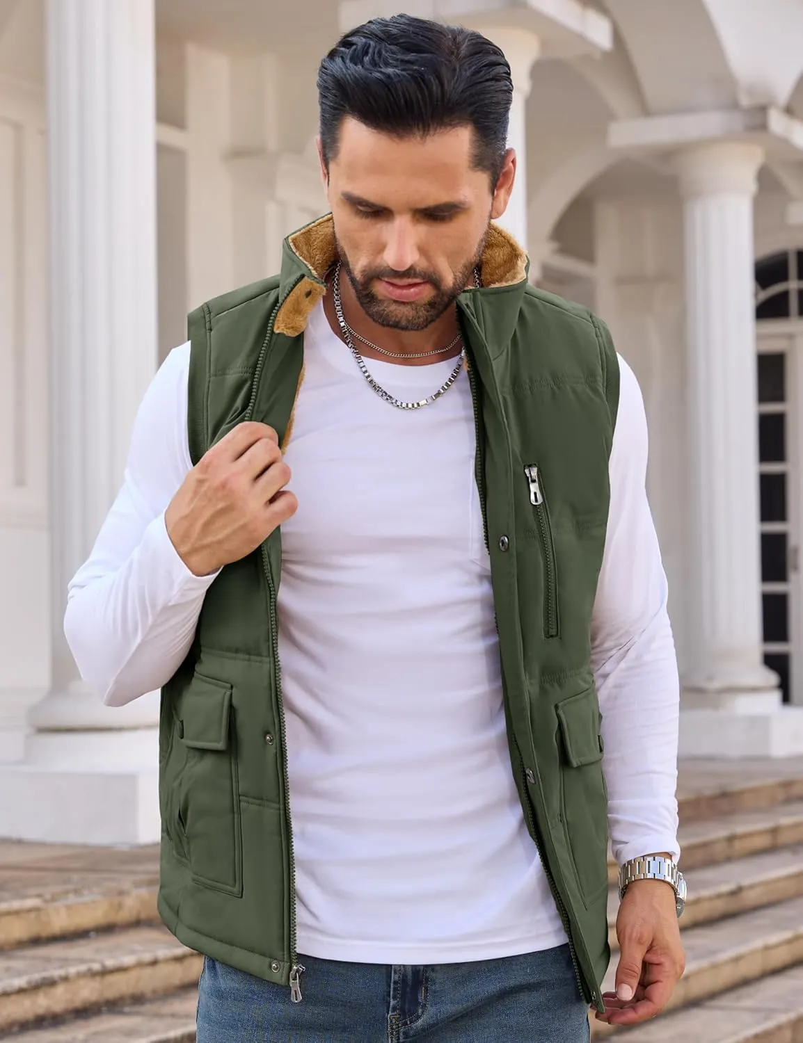 CRYSULLY Men's Winter Outerwear Vests Fleece Lined Sleeveless Jackets Warm Quilted Puffer Vest Casual Sherpa Outdoor Vest