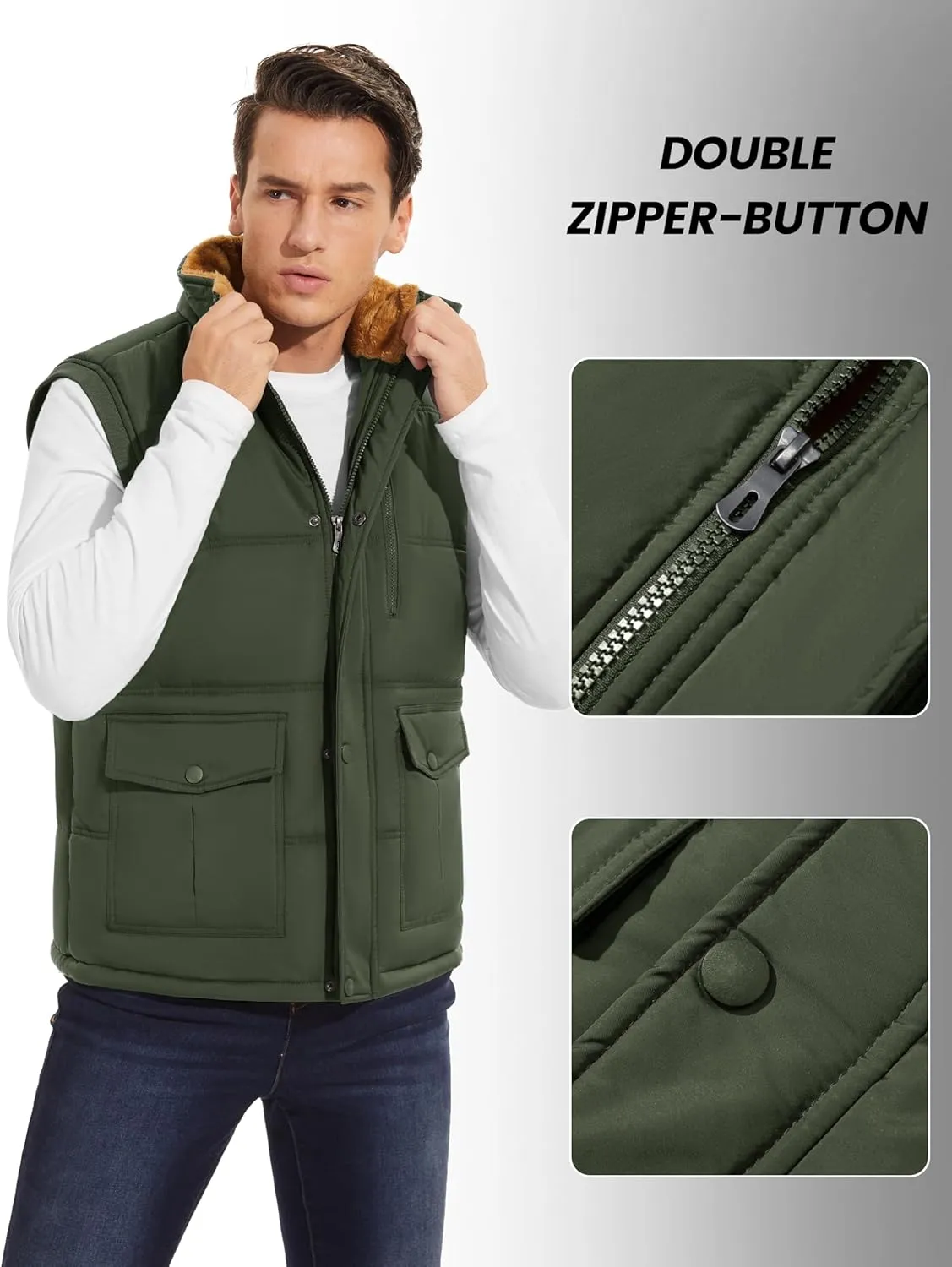 CRYSULLY Men's Winter Outerwear Vests Fleece Lined Sleeveless Jackets Warm Quilted Puffer Vest Casual Sherpa Outdoor Vest