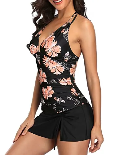 Cute And Flattering Tankini Skirt For Women-Black Orange Floral