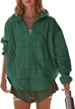 Daacee Oversized Lightweight Quilted Pullover Jacket for Women Casual Half Zip Puffer Jackets Padded Outwear with 4 Pockets