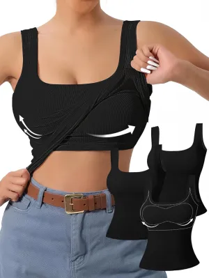 DAGGLOSE Women's U-Back Tank Top - 3-Pack,Built-in Bra, Removable Pads for Gym, Yoga & Outdoor, Long-Lasting Comfort
