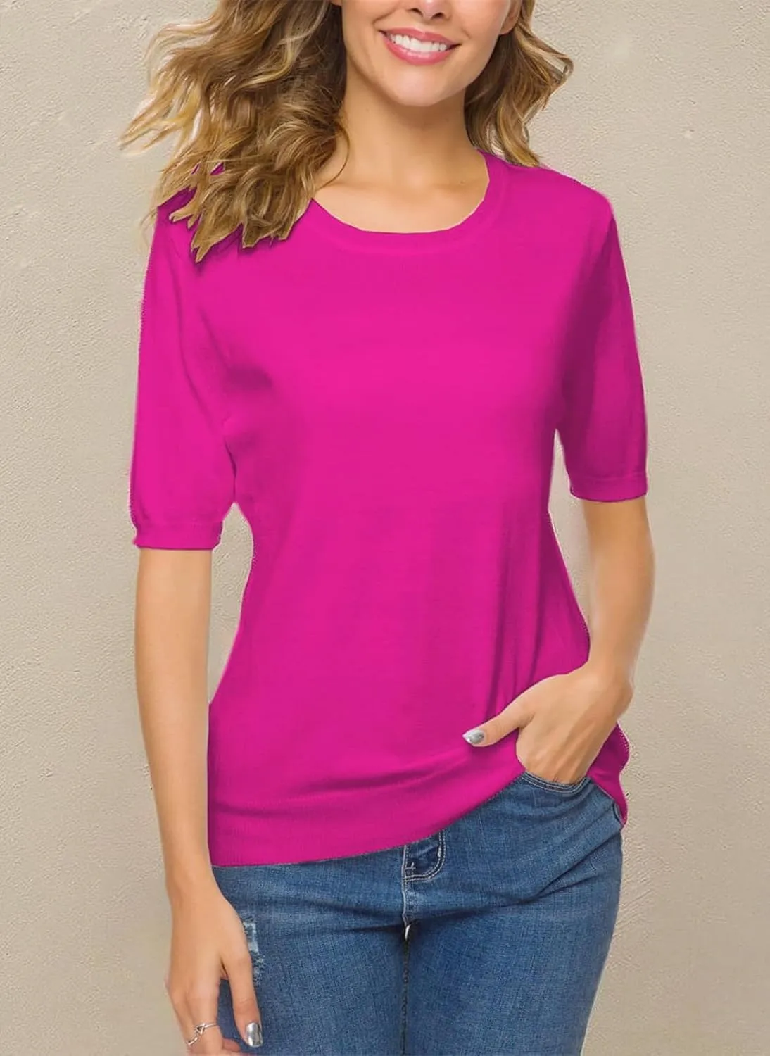 DAIMIDY Women's Short Sleeve Crew Neck Sweaters Lightweight Summer Sweater Casual Knit Pullover Tops