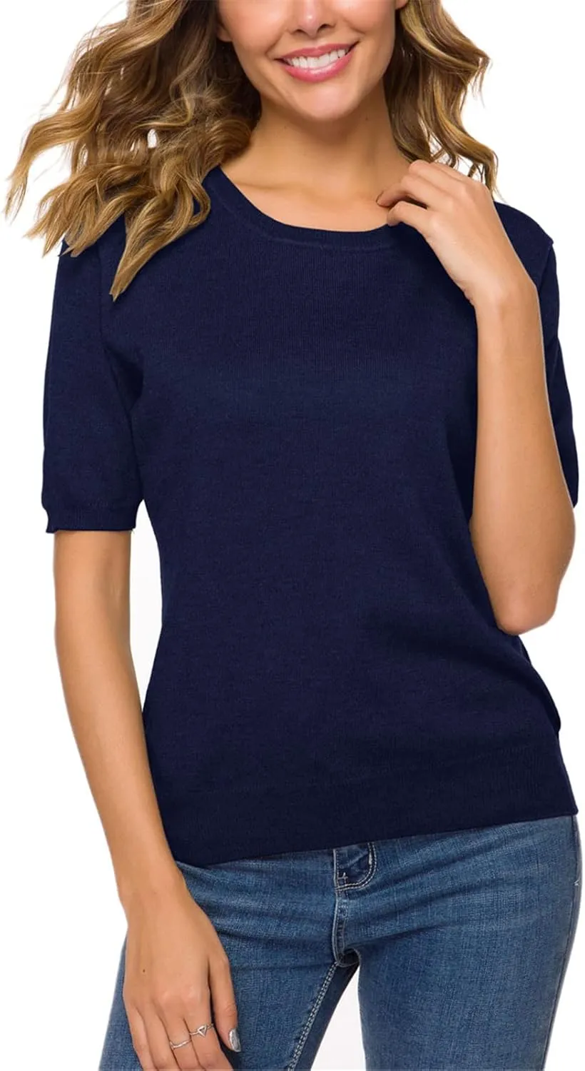 DAIMIDY Women's Short Sleeve Crew Neck Sweaters Lightweight Summer Sweater Casual Knit Pullover Tops