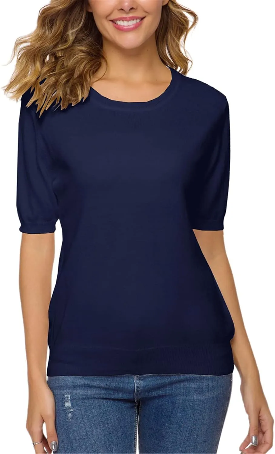 DAIMIDY Women's Short Sleeve Crew Neck Sweaters Lightweight Summer Sweater Casual Knit Pullover Tops
