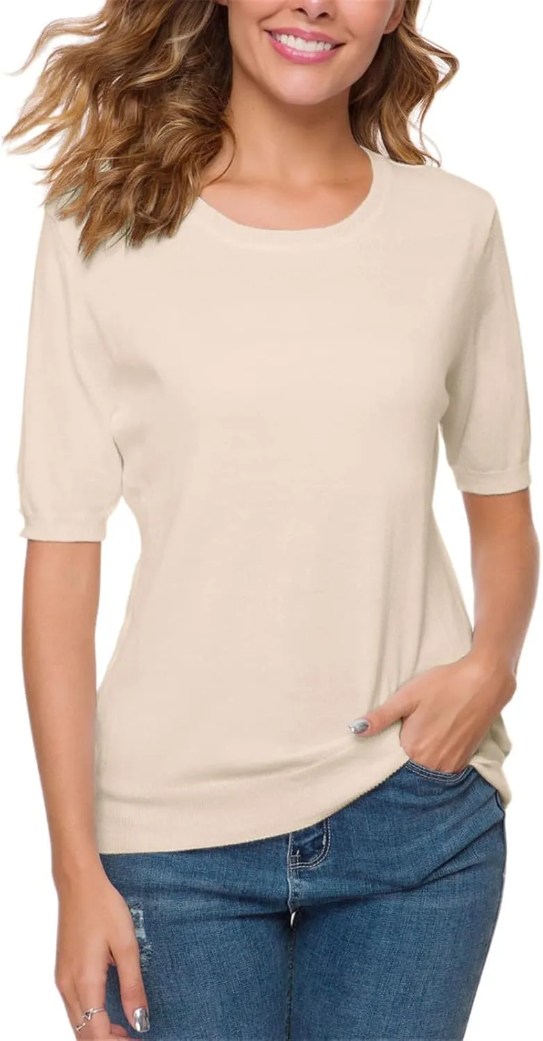 DAIMIDY Women's Short Sleeve Crew Neck Sweaters Lightweight Summer Sweater Casual Knit Pullover Tops