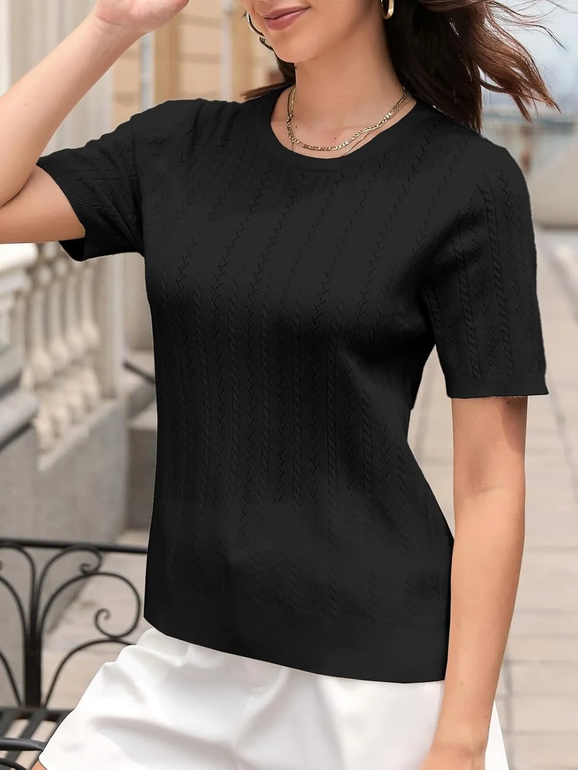 DAIMIDY Women's Short Sleeve Sweaters Hollow Out Summer Sweater Lightweight Cable Knit Pullover Tops