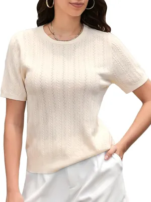 DAIMIDY Women's Short Sleeve Sweaters Hollow Out Summer Sweater Lightweight Cable Knit Pullover Tops
