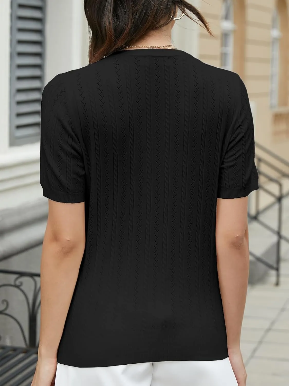 DAIMIDY Women's Short Sleeve Sweaters Hollow Out Summer Sweater Lightweight Cable Knit Pullover Tops