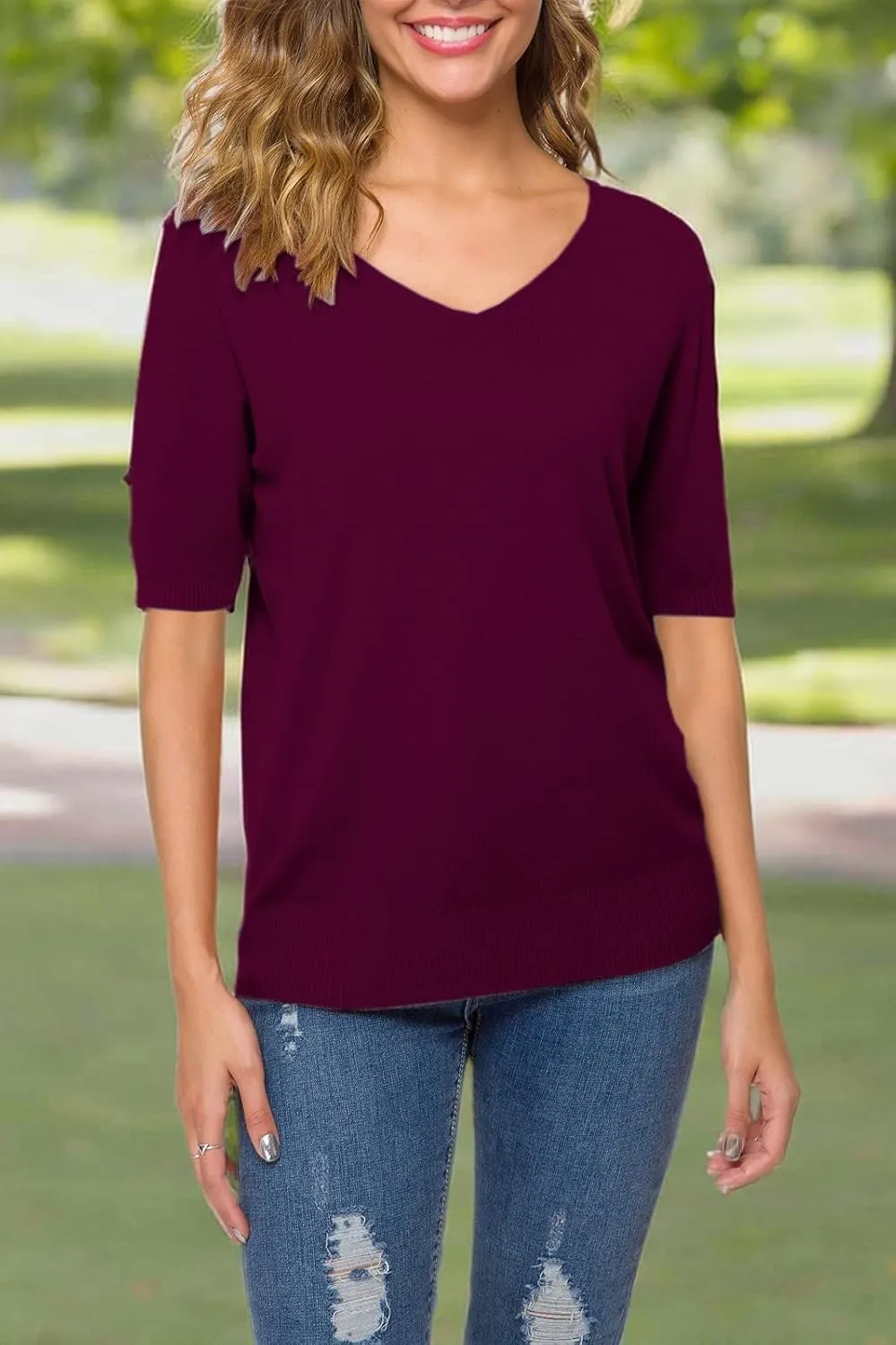 DAIMIDY Women's Short Sleeve V Neck Sweaters Casual Summer Sweater Lightweight Knit Pullover Tops