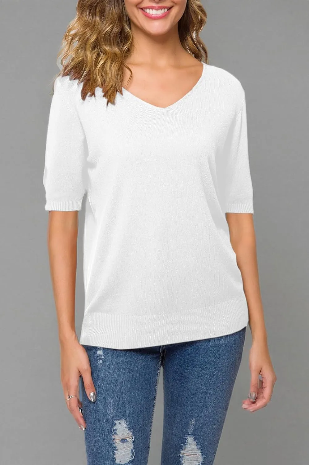 DAIMIDY Women's Short Sleeve V Neck Sweaters Casual Summer Sweater Lightweight Knit Pullover Tops