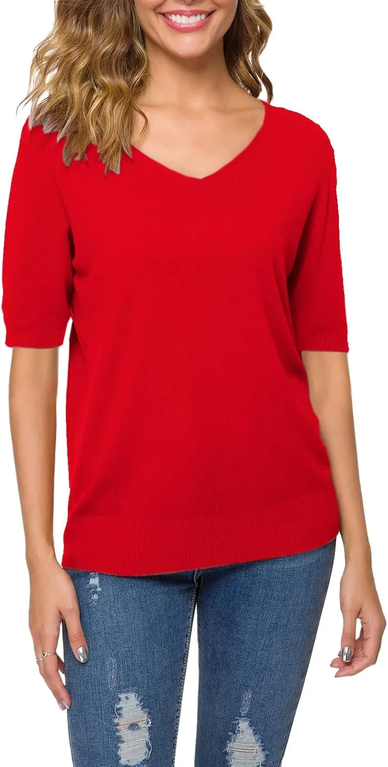 DAIMIDY Women's Short Sleeve V Neck Sweaters Casual Summer Sweater Lightweight Knit Pullover Tops