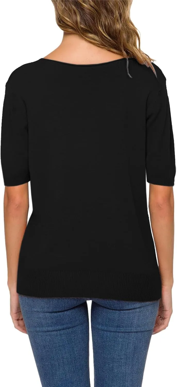 DAIMIDY Women's Short Sleeve V Neck Sweaters Casual Summer Sweater Lightweight Knit Pullover Tops
