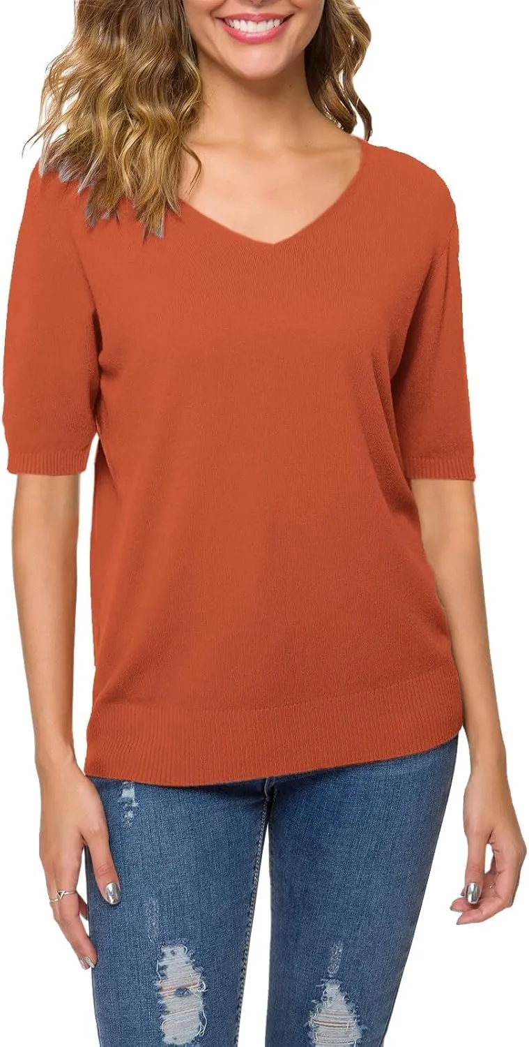 DAIMIDY Women's Short Sleeve V Neck Sweaters Casual Summer Sweater Lightweight Knit Pullover Tops