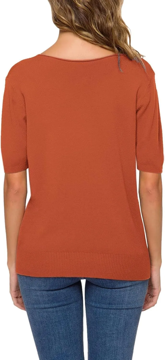 DAIMIDY Women's Short Sleeve V Neck Sweaters Casual Summer Sweater Lightweight Knit Pullover Tops