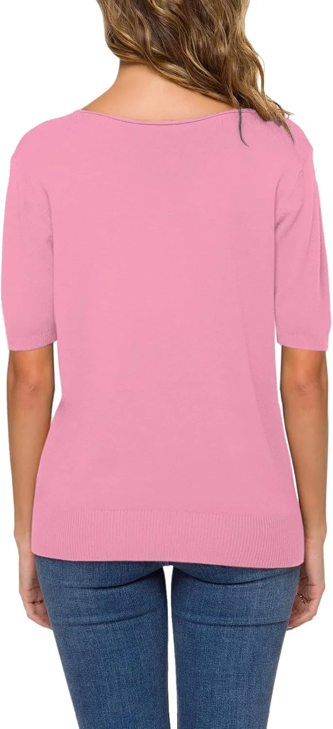 DAIMIDY Women's Short Sleeve V Neck Sweaters Casual Summer Sweater Lightweight Knit Pullover Tops