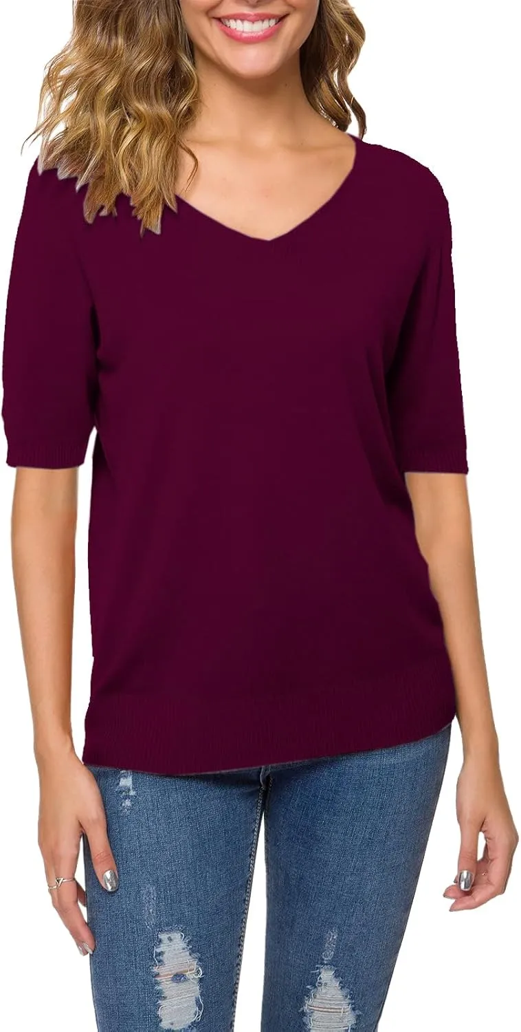 DAIMIDY Women's Short Sleeve V Neck Sweaters Casual Summer Sweater Lightweight Knit Pullover Tops