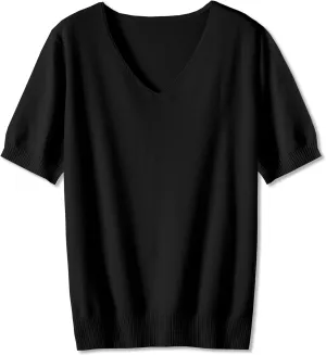 DAIMIDY Women's Short Sleeve V Neck Sweaters Casual Summer Sweater Lightweight Knit Pullover Tops
