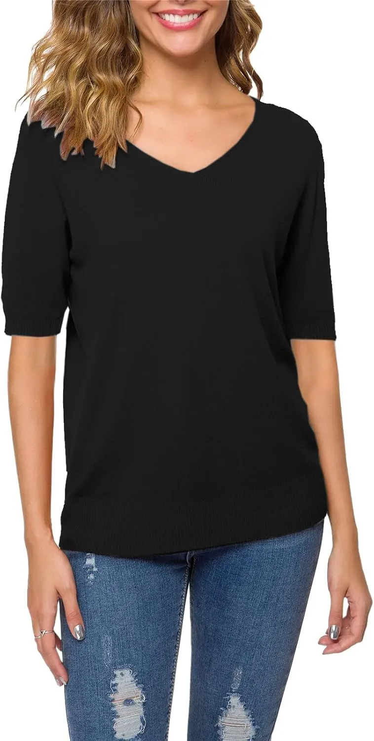 DAIMIDY Women's Short Sleeve V Neck Sweaters Casual Summer Sweater Lightweight Knit Pullover Tops
