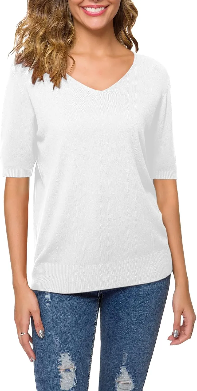 DAIMIDY Women's Short Sleeve V Neck Sweaters Casual Summer Sweater Lightweight Knit Pullover Tops