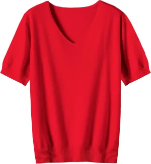 DAIMIDY Women's Short Sleeve V Neck Sweaters Casual Summer Sweater Lightweight Knit Pullover Tops