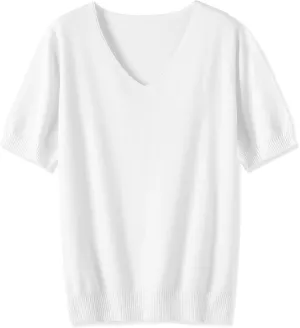 DAIMIDY Women's Short Sleeve V Neck Sweaters Casual Summer Sweater Lightweight Knit Pullover Tops