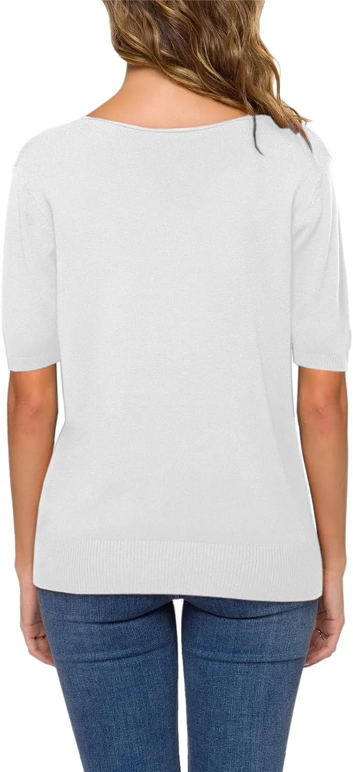 DAIMIDY Women's Short Sleeve V Neck Sweaters Casual Summer Sweater Lightweight Knit Pullover Tops