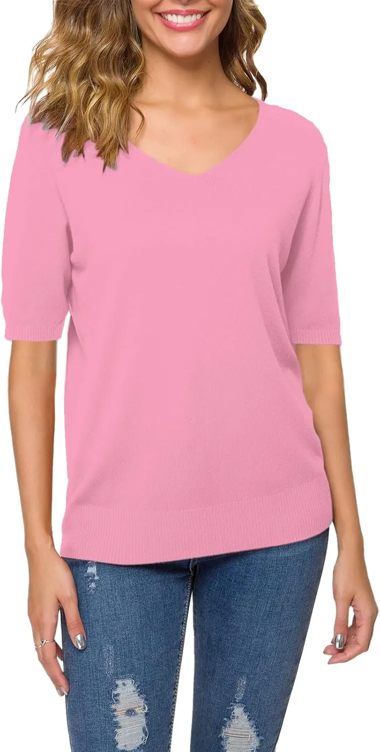 DAIMIDY Women's Short Sleeve V Neck Sweaters Casual Summer Sweater Lightweight Knit Pullover Tops