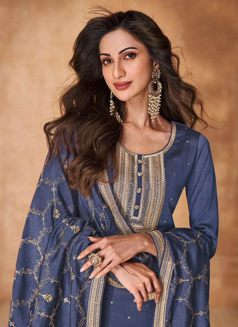 Dark Blue Sequence Embroidery Wedding Pant Style Suit