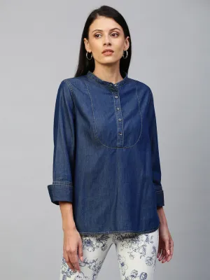 Dark Wash, Light Weight Denim Pop Over Shirt With 3/4Th Sleeves & French Cuffs