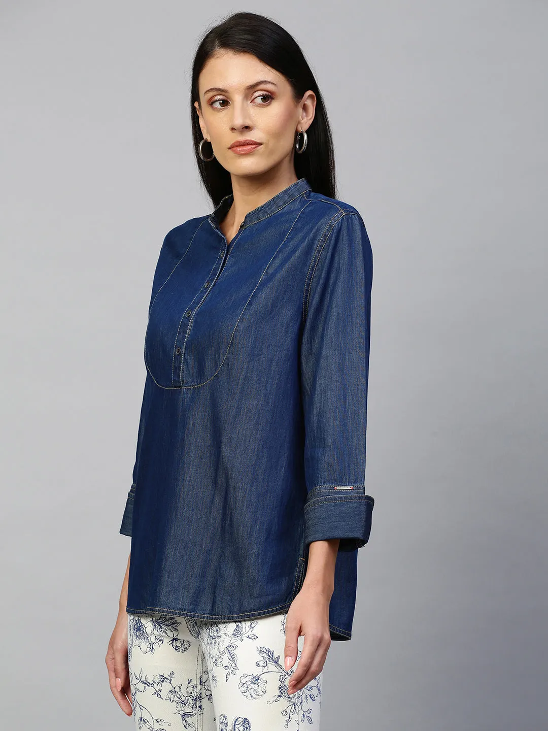 Dark Wash, Light Weight Denim Pop Over Shirt With 3/4Th Sleeves & French Cuffs