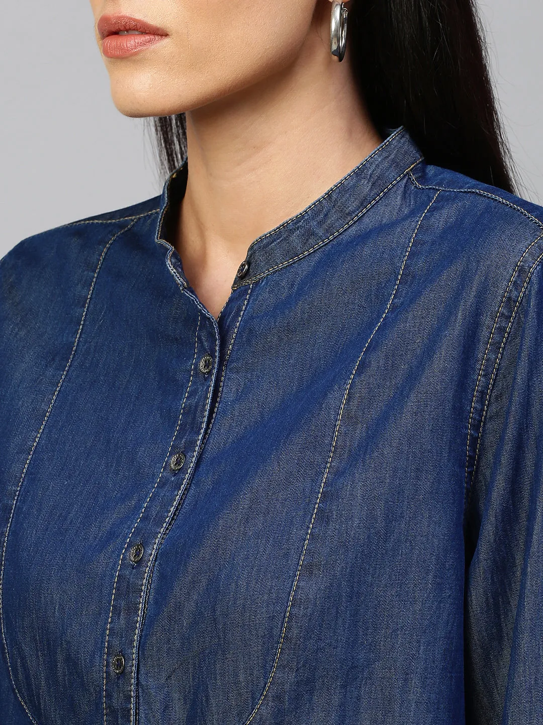 Dark Wash, Light Weight Denim Pop Over Shirt With 3/4Th Sleeves & French Cuffs