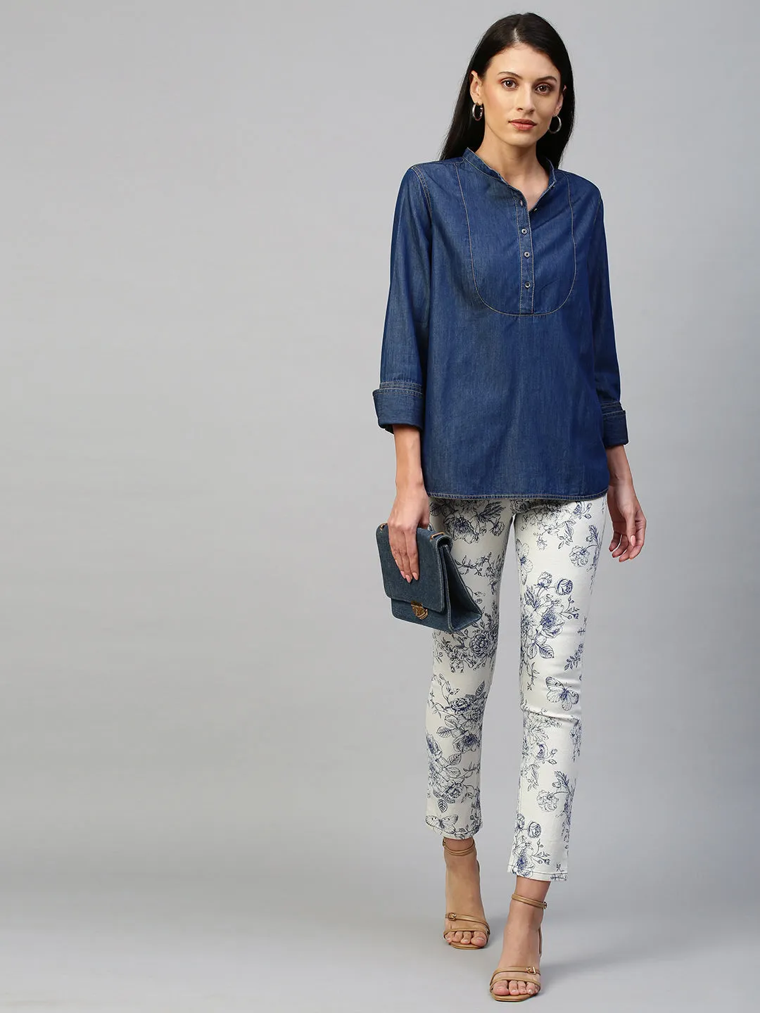 Dark Wash, Light Weight Denim Pop Over Shirt With 3/4Th Sleeves & French Cuffs