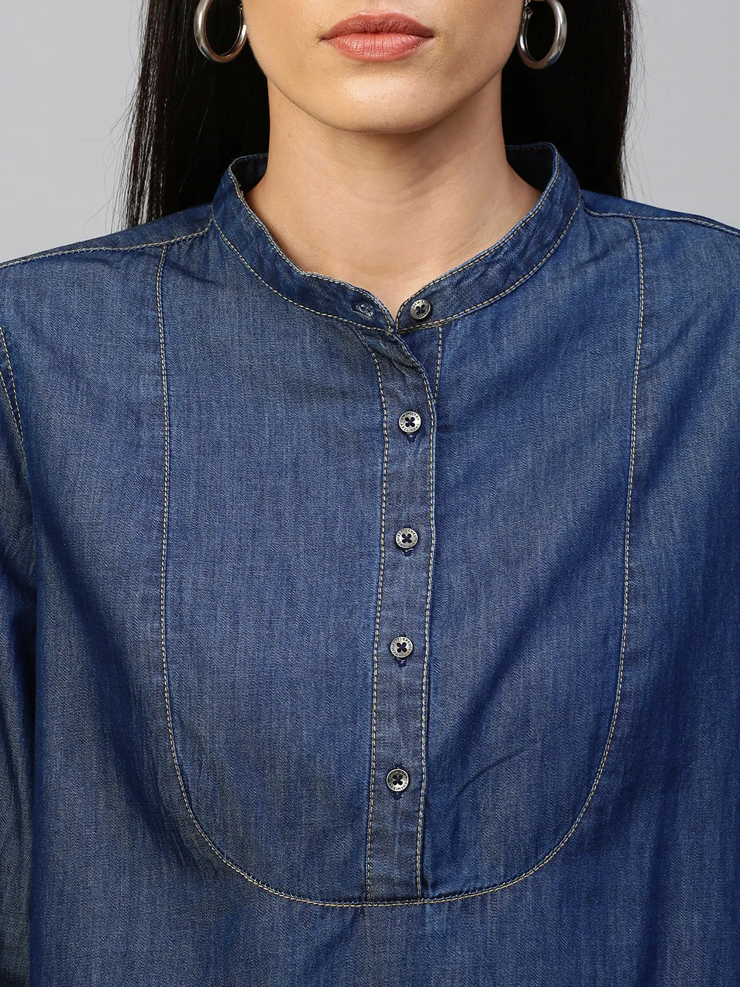 Dark Wash, Light Weight Denim Pop Over Shirt With 3/4Th Sleeves & French Cuffs