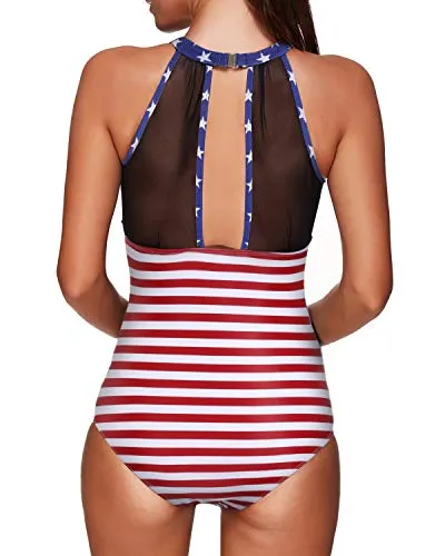 Deep Plunge Back Mesh Monokini Swimsuit Women One Piece Swimwear-National Flag