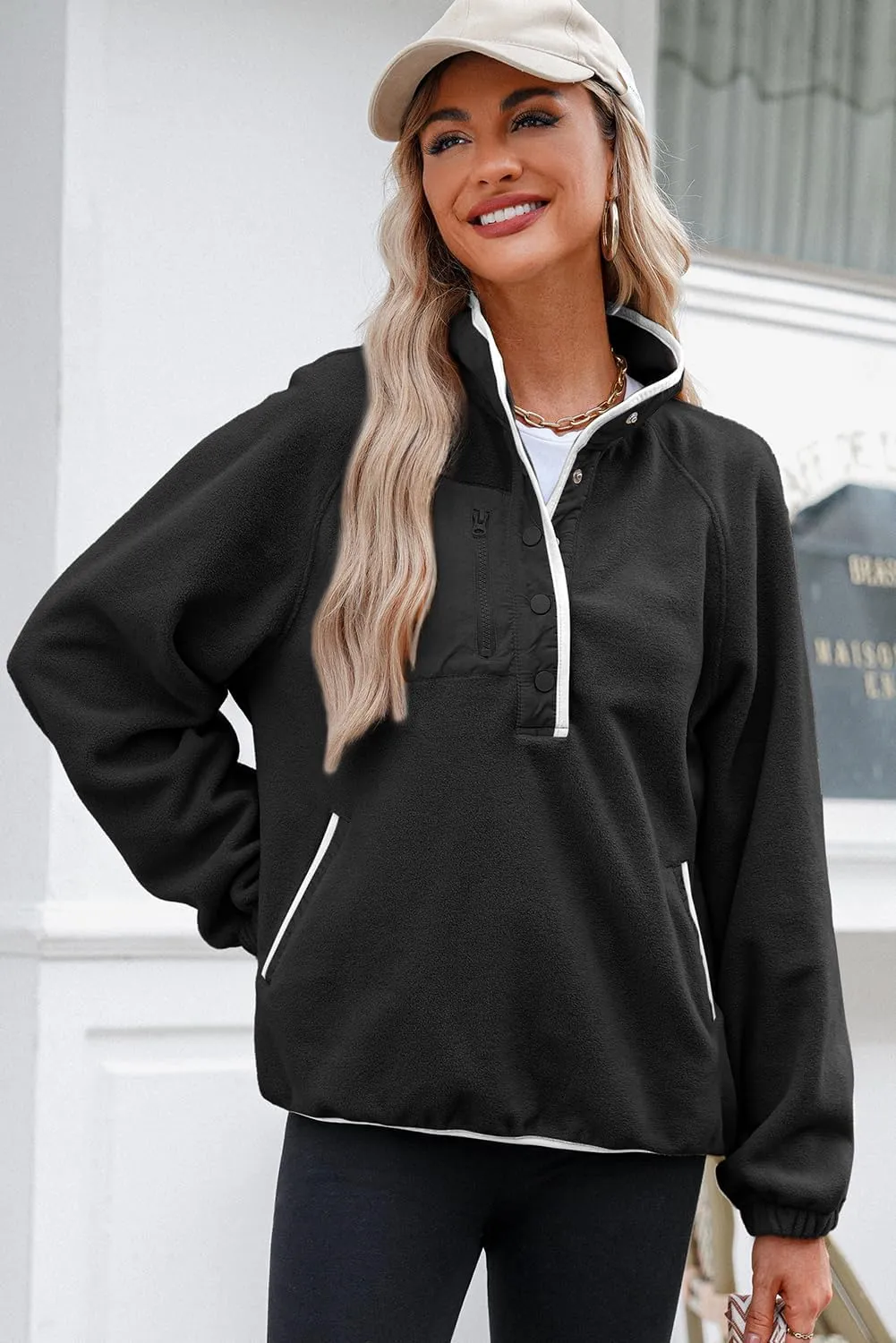 Dokotoo Sweatshirt for Women Oversized Fuzzy Fleece Jacket Color Block Button Long Sleeve Pullover Sherpa Sweatshirts Tops